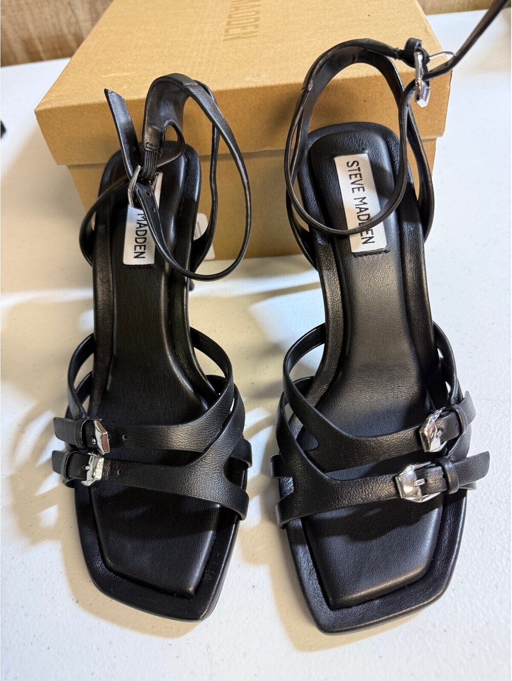 Steve Madden Karter Black Leather Strappy High Heel Sandals Size 7